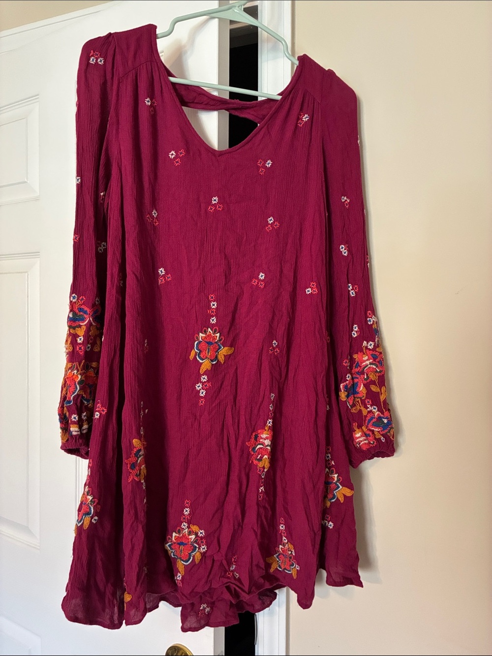Free People Wine Red Embroidered Long-Sleeve Dress